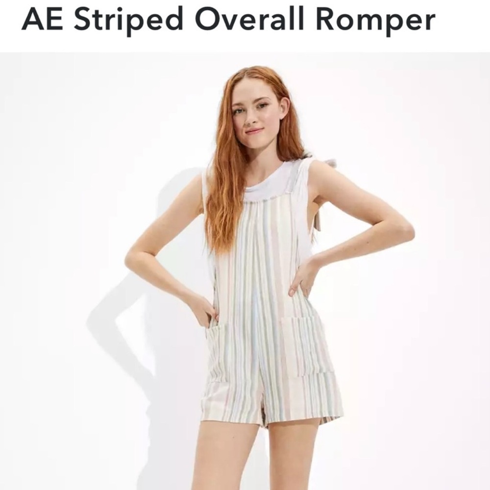 American Eagle Striped Romper Jumpsuit Overalls Shortails - Cream, Blue, Tan